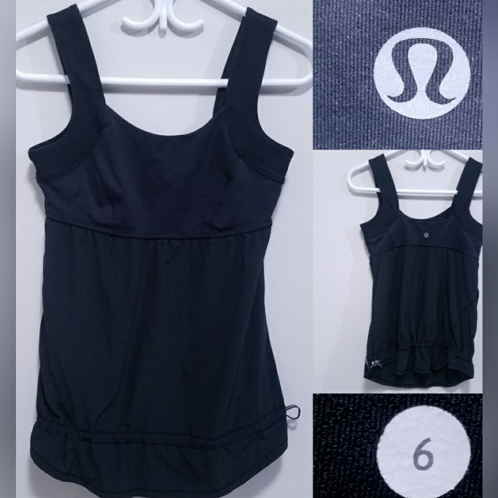 LULULEMON Black Ruffle Tank Top Yoga Shirt w Drawstring sz 10